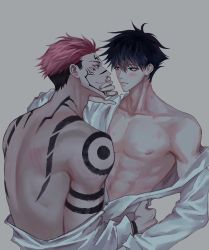 Rule 34 | 2boys, abs, arm tattoo, black hair, black nails, blood, blue eyes, blush, closed mouth, clothes down, covering another&#039;s mouth, extra eyes, facial tattoo, fushiguro megumi, hair between eyes, hand on another&#039;s hip, hand over another&#039;s mouth, hickey, highres, jujutsu kaisen, looking at another, makababazi, male focus, multiple boys, muscular, muscular male, nail polish, open mouth, pectorals, pink hair, red eyes, ryoumen sukuna (jujutsu kaisen), shirt, short hair, shoulder tattoo, sideburns, smile, spiked hair, tattoo, toned, toned male, undercut, white shirt, yaoi