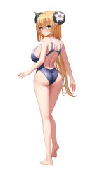 Rule 34 | 1girl, absurdres, ass, barefoot, blonde hair, blue one-piece swimsuit, blush, commission, darkswan, demon horns, feet, from behind, full body, highres, horn flower, horns, long hair, one-piece swimsuit, original, parted lips, pointy ears, simple background, standing, swimsuit, white background