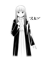 Rule 34 | 0827jona, 1girl, absurdres, blunt bangs, bright pupils, collar, commentary request, dress, fern (sousou no frieren), frilled collar, frills, greyscale, highres, long coat, long hair, looking at viewer, monochrome, sidelocks, smile, solo, sousou no frieren, straight hair
