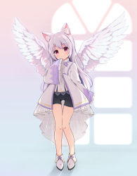 Rule 34 | 1girl, animal ears, bike shorts, black shorts, cat ears, closed mouth, commentary request, dress, feathered wings, frilled sleeves, frills, head tilt, highres, long hair, long sleeves, looking at viewer, nekono rin, original, red eyes, shirt, shoes, short shorts, shorts, silver hair, sleeves past fingers, sleeves past wrists, smile, solo, very long hair, white dress, white footwear, white shirt, white wings, wide sleeves, window, wings