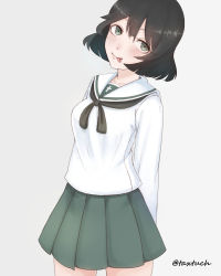 Rule 34 | 10s, 1girl, :p, absurdres, arms behind back, black eyes, black hair, black neckerchief, blouse, blush, closed mouth, commentary, cowboy shot, girls und panzer, green skirt, grey background, head tilt, highres, long sleeves, looking at viewer, miniskirt, neckerchief, one-hour drawing challenge, ooarai school uniform, pleated skirt, school uniform, serafuku, shirt, short hair, simple background, skirt, smile, solo, standing, tacch, tongue, tongue out, twitter username, utsugi yuuki, white shirt