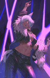 Rule 34 | 1girl, 45liza109, animal ears, arm up, breasts, cat ears, cat tail, dark-skinned female, dark skin, facial mark, final fantasy, final fantasy xiv, fur collar, halterneck, highres, jacket, looking at viewer, medium breasts, navel, neck tattoo, open clothes, open jacket, short hair, solo, tail, tattoo, whisker markings, white hair, y&#039;shtola rhul