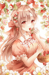 Rule 34 | 1girl, absurdres, basket, bow, bowtie, breasts, caron, dress, earrings, eating, flower, food, fruit, fruit basket, hair between eyes, hair bow, hair flower, hair ornament, hair over shoulder, hand on own chest, hand up, highres, holding, holding basket, holding food, holding fruit, ichigo (darling in the franxx), jewelry, leaf, long hair, looking to the side, medium breasts, orange dress, original, red eyes, short sleeves, standing, strawberry, very long hair, white background, wildberry