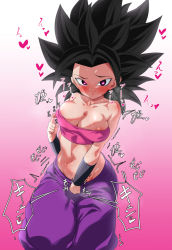 Rule 34 | 1girl, alternate breast size, bare shoulders, black eyes, black hair, blush, grabbing another&#039;s breast, breasts, caulifla, cleavage, dragon ball, dragon ball super, fingerless gloves, gloves, grabbing, grabbing own breast, gradient background, heart, heart-shaped pupils, heavy breathing, long hair, medium breasts, moaning, naughty face, navel, nipples, pink background, rom (20), rom (20), spiked hair, strapless, sweat, symbol-shaped pupils, translation request, tube top, very long hair