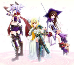 Rule 34 | 3girls, armor, blonde hair, blue eyes, boots, brown hair, crossed legs, elbow gloves, fantasy earth zero, fingerless gloves, gloves, hat, highres, mana (blade of mana), purple hair, red eyes, scarf, shorts, sword, thigh boots, thighhighs, weapon, crossed legs, multiple girls, sitting