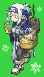 Rule 34 | 10s, 1girl, ainu clothes, bad id, bad twitter id, bandages, bandaged hand, bandaged leg, bandages, bandana, basket, black legwear, blue eyes, boots, crate, full body, fur-trimmed boots, fur trim, gloves, grey background, headband, highres, holding, holding paper, kamoi (kancolle), kantai collection, long hair, mizuno (okn66), paper, pelvic curtain, rigging, snowflakes, solo, walking, white hair