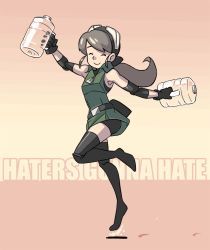 Rule 34 | 1girl, animated, animated gif, black thighhighs, bottle, brown hair, colorized, dated, dress, elbow pads, english text, closed eyes, fanny pack, goggles, goggles on head, happy, junkpuyo, long hair, meme, original, plume (junkpuyo), ponytail, short dress, shorts, shorts under skirt, skipping, sleeveless, solo, text focus, thighhighs, water bottle, water tank, zipper