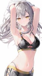 Rule 34 | 1girl, armpits, arms up, black bra, black shorts, bra, breasts, cleavage, commentary request, cowboy shot, expressionless, grey hair, highres, honkai: star rail, honkai (series), large breasts, long hair, looking at viewer, navel, panty straps, parted lips, rin yuu, shorts, simple background, solo, stelle (honkai: star rail), stomach, sweat, trailblazer (honkai: star rail), underwear, undressing, very sweaty, white background, yellow eyes