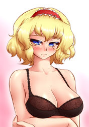 Rule 34 | 1girl, alice margatroid, black bra, blonde hair, blush, bra, breasts, cleavage, hairband, large breasts, looking at viewer, mazume, short hair, simple background, solo, touhou, underwear, underwear only