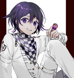 Rule 34 | 1boy, black hair, buttons, checkered clothes, checkered scarf, danganronpa (series), danganronpa v3: killing harmony, double-breasted, food, grin, highres, holding, holding food, huyuharu0214, jacket, knee up, male focus, multicolored hair, oma kokichi, pants, purple eyes, purple hair, red background, scarf, short hair, signature, smile, solo, teeth, two-tone hair, white background, white jacket, white pants