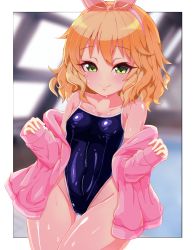 Rule 34 | 1girl, absurdres, blonde hair, blue one-piece swimsuit, blurry, breasts, cleavage, commentary request, competition school swimsuit, cowboy shot, day, depth of field, flat chest, green eyes, hair between eyes, hairband, highleg, highleg swimsuit, highres, idolmaster, idolmaster cinderella girls, indoors, jacket, legs together, looking at viewer, one-piece swimsuit, outside border, pink jacket, rei no pool, sakurai momoka, school swimsuit, see-through, short hair, skin tight, smile, solo, standing, swimsuit, swimsuit under clothes, thigh gap, thighs, touda iria, wavy hair, wet, wet clothes, wet hair, wet swimsuit, wide hips