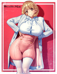 Rule 34 | 1girl, breasts, brown eyes, brown hair, bursting breasts, cameltoe, coat, hair ornament, hairclip, hands on own hips, heart, heart hair ornament, high-waist pants, highres, huge breasts, narusawa ryouka, necktie, nikichen, occultic;nine, open mouth, pants, patreon logo, patreon username, raised eyebrows, short hair, skindentation, smile, solo, thick thighs, thighhighs, thighs, white thighhighs