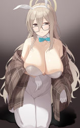 Rule 34 | 1girl, akane (blue archive), akane (bunny) (blue archive), animal ears, bare shoulders, blue archive, blue bow, blue bowtie, blush, bow, bowtie, breasts, cleavage, enosan, glasses, halo, highres, large breasts, leotard, light brown hair, long hair, looking at viewer, open mouth, playboy bunny, rabbit ears, solo, thighs, white leotard