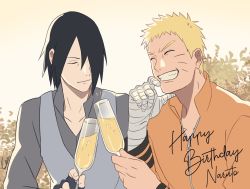 Rule 34 | 2boys, alcohol, bandages, black hair, blonde hair, boruto: naruto next generations, closed eyes, closed mouth, cubur, cup, drinking glass, fingerless gloves, gloves, grey shirt, grey vest, grin, hair over one eye, hand on own chin, happy birthday, highres, holding, holding cup, leaf, long sleeves, looking at another, multiple boys, naruto (series), open mouth, orange shirt, outdoors, shirt, short hair, smile, sunrise, teeth, toasting (gesture), uchiha sasuke, uzumaki naruto, vest, wine, wine glass