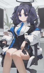 Rule 34 | 1girl, absurdres, blue archive, highres, long hair, looking at viewer, necktie, purple eyes, purple hair, sentter, sitting, smile, solo, thighs, two side up, yuuka (blue archive)