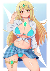 Rule 34 | 1girl, alternate costume, bikini, blonde hair, blue background, blush, breasts, cleavage, gem, glowing, gradient background, hair ornament, headpiece, highres, huge breasts, jewelry, large breasts, long hair, looking at viewer, mythra (xenoblade), navel, nintendo, panties, ponponmaru, ribbon, school uniform, skirt, solo, standing, sweat, swimsuit, thigh strap, tiara, underwear, white background, xenoblade chronicles (series), xenoblade chronicles 2, yellow eyes