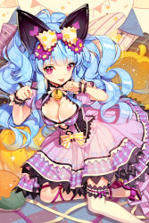 Rule 34 | 1girl, :p, bad id, bad pixiv id, bell, blue hair, bow, breasts, cherrypin, choker, cleavage, dress, hair bow, high heels, jingle bell, large breasts, leg ribbon, linus falco, long hair, looking at viewer, original, panties, pillow, pink eyes, ponytail, ribbon, see-through, side-tie panties, single thighhigh, smile, solo, sword girls, thighhighs, tongue, tongue out, underwear