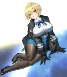 Rule 34 | 1girl, absurdres, arm support, belt, black footwear, black gloves, black jacket, black pantyhose, blonde hair, blue background, blue belt, blue eyes, blue ribbon, blue skirt, blush, breasts, buckle, collared shirt, commentary request, full body, fur-trimmed jacket, fur trim, girls&#039; frontline, gloves, hair between eyes, hair ornament, head tilt, high heels, highres, jacket, large breasts, long sleeves, looking at viewer, miniskirt, neck ribbon, no mole, open clothes, open jacket, pantyhose, parted lips, revision, ribbon, shadow, shirt, shirt tucked in, short hair, sidelocks, sitting, skirt, snap-fit buckle, snowflake hair ornament, solo, taut clothes, taut skirt, two-tone background, vsk-94 (girls&#039; frontline), white background, white shirt, wu ganlan cai, yokozuwari