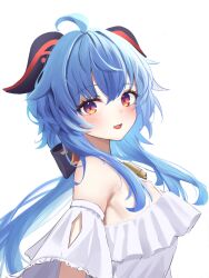 Rule 34 | 1girl, absurdres, ahoge, bell, blue hair, blush, breasts, dress, from side, ganyu (genshin impact), genshin impact, highres, horns, hwa sawa, long hair, looking at viewer, medium breasts, neck bell, off-shoulder dress, off shoulder, open mouth, purple eyes, sidelocks, smile, solo, upper body, white background, white dress
