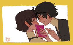 Rule 34 | 10s, 1boy, 1girl, amamiya ren, antiquewhite, artist name, black hair, blue eyes, blush, book, braid, brown hair, closed mouth, couple, covering own mouth, eye contact, eyewear on head, face-to-face, from side, glasses, hand up, highres, holding, holding book, imminent kiss, jacket, leaning back, leaning forward, long sleeves, looking at another, niijima makoto, nose blush, persona, persona 5, red eyes, short hair, turtleneck, upper body, upside-down book, wavy mouth