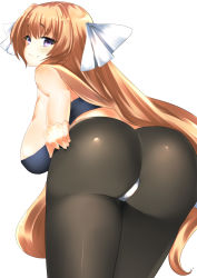 Rule 34 | 1girl, absurdres, aoi kimi, ass, ass focus, bent over, black pantyhose, blush, breasts, brown hair, cleavage, female focus, from behind, highres, huge ass, huge breasts, kyoukaisenjou no horizon, long hair, looking at viewer, looking back, muunyan (yumenekoya), pantyhose, purple eyes, simple background, skin tight, smile, solo, undressing, very long hair
