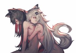 Rule 34 | 2girls, absurdres, animal ears, arknights, bad id, bad pixiv id, black hair, commentary request, crying, crying with eyes open, female focus, from side, grey eyes, hair ornament, hairclip, highres, hug, hug from behind, huge filesize, lappland (arknights), long hair, material growth, multiple girls, nude, oripathy lesion (arknights), scar, scar across eye, scar on face, silver hair, simple background, tail, tears, texas (arknights), upper body, veilrain, very long hair, white background, wolf ears, wolf tail, yuri