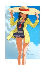 Rule 34 | 1girl, absurdres, alternate costume, black hair, black one-piece swimsuit, black skirt, blue sky, blunt bangs, casual one-piece swimsuit, clothes lift, cloud, commentary request, dated, day, drawstring, feet out of frame, gluteal fold, hat, highres, holding, holding clothes, holding hat, hood, hooded jacket, hoodie, jacket, kantai collection, kitakami (kancolle), long hair, looking at viewer, mji (emucchi), one-piece swimsuit, one eye covered, outdoors, parted lips, pleated skirt, sidelocks, skirt, skirt lift, sky, solo, straw hat, swimsuit, wind, wind lift, yellow jacket