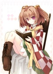 Rule 34 | 1girl, ai takurou, apron, bell, blush, book, boots, chair, clothes writing, female focus, hair bell, hair ornament, holding, holding book, jingle bell, looking at viewer, motoori kosuzu, pink eyes, red hair, sitting, smile, solo, touhou, twintails, two side up