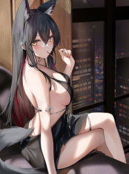 Rule 34 | 1girl, alternate costume, animal ear fluff, animal ears, arknights, armlet, backless dress, backless outfit, bare legs, bed, between fingers, black dress, black hair, blush, breasts, brown eyes, chinese commentary, city, commentary request, crossed legs, dress, ear piercing, evening gown, extra ears, food, food in mouth, from behind, gradient hair, holding, holding food, indoors, long hair, looking at viewer, looking back, medium breasts, mouth hold, multicolored hair, nail polish, night, on bed, piercing, red hair, red nails, resolution mismatch, ru zhai, sideboob, sitting, sleeveless, sleeveless dress, solo, source larger, sparkle, tail, texas (arknights), very long hair, wolf ears, wolf girl, wolf tail
