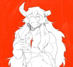 Rule 34 | 1boy, abs, broken horn, closed eyes, fang, horns, long hair, male focus, mitosansan, muscular, orange background, original, red background, scar, unworn shirt, simple background, smile, solo, topless male, upper body