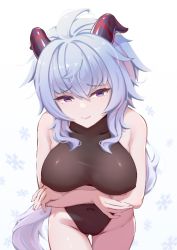 1girl ahoge arms_under_breasts black_leotard blue_hair breasts breasts_apart chan_sang cleavage collarbone covered_navel ganyu_(genshin_impact) genshin_impact gluteal_fold horns leotard long_hair looking_at_viewer medium_breasts purple_eyes sidelocks snowflakes solo thigh_gap thighs