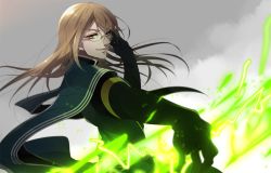 Rule 34 | 00s, 1boy, adjusting eyewear, adzuma nishi, black gloves, brown eyes, brown hair, cape, cape lift, cloud, cloudy sky, glasses, gloves, jade curtiss, long hair, magic, sky, tales of (series), tales of the abyss