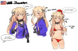 Rule 34 | 1girl, adapted costume, american flag, bikini, black gloves, blue shirt, breasts, character chart, christmas, gloves, gom (kooskoo), hair ornament, hair ribbon, hat, johnston (kancolle), kantai collection, korean commentary, korean text, light brown hair, long hair, looking at viewer, medium breasts, multiple views, off shoulder, red bikini, red eyes, red hat, ribbon, sailor collar, santa hat, school uniform, serafuku, shirt, side-tie bikini bottom, simple background, single glove, swimsuit, translated, twintails, two side up, upper body, white background