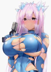 Rule 34 | 1girl, blue bodysuit, blue eyes, blush, bodysuit, breasts, bursting breasts, cosplay, covered navel, gun, highres, huge breasts, large breasts, long hair, looking at viewer, metroid, metroid dread, nintendo, otoha rilly, parted lips, pink hair, r project, samus aran, samus aran (cosplay), satou daiji, simple background, smile, solo, torn bodysuit, torn clothes, upper body, virtual youtuber, weapon, white background, zero suit