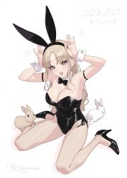 Rule 34 | 1girl, animal ears, arm strap, black footwear, black hairband, black leotard, black pantyhose, blush, breasts, brown eyes, bunny day, choppy bangs, cleavage, dated, detached collar, fake animal ears, fishnet pantyhose, fishnets, full body, groin, hairband, herio, high heels, highleg, highleg leotard, highres, large breasts, leotard, light brown hair, long hair, looking at viewer, nijisanji, open mouth, pantyhose, parted bangs, playboy bunny, pumps, rabbit ears, signature, simple background, sister claire, sitting, smile, solo, straight hair, strapless, strapless leotard, twitter username, virtual youtuber, wariza, white background, wing collar, wrist cuffs