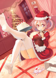 Rule 34 | 1girl, alternate costume, bed, cake, christmas stocking, christmas tree, artistic error, food, food print, fur trim, hat, holding, holding spoon, juliet sleeves, kantai collection, long sleeves, nueco, panties, pink eyes, pink hair, pom pom (clothes), print panties, puffy sleeves, rabbit, santa costume, santa hat, sazanami (kancolle), short hair, solo, spoon, strawberry panties, strawberry print, thighhighs, twintails, underwear, utensil in mouth, white panties, white thighhighs