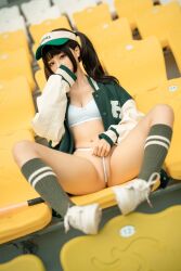 Rule 34 | 1girl, arena, asian, baseball cap, black hair, bra, breasts, chair, chinese (nationality), chunmomo0127, cleavage, covering own mouth, feet on chair, frontal wedgie, green baseball cap, green jacket, green socks, groin, hat, jacket, medium breasts, navel, outdoors, oversized clothes, oversized jacket, panties, panty pull, photo (medium), real life, shoes, sitting, sneakers, socks, spread legs, stomach, thighs, twintails, unbuttoned, unbuttoned jacket, underwear, wedgie, white bra, white chair, white footwear, white panties, yellow chair