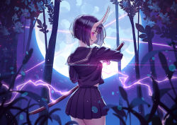 Rule 34 | 1girl, black hair, black shirt, black skirt, commentary request, electricity, fate/grand order, fate (series), forest, from behind, full moon, highres, holding, holding sword, holding weapon, horns, looking back, moon, nature, night, night sky, oni, outdoors, pink eyes, rhasta, school uniform, serafuku, sheath, shirt, short hair, shuten douji (fate), skin-covered horns, skirt, sky, solo, sword, tree, unsheathing, weapon