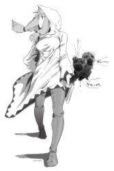Rule 34 | 1girl, aurastack, boots, female focus, final fantasy, final fantasy tactics, full body, greyscale, hood, monochrome, robe, solo, staff, thigh boots, thighhighs, twintails, walking, white mage, white mage (fft), white mage (final fantasy), wind