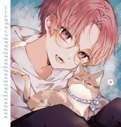 Rule 34 | 1boy, absurdres, artist name, bishounen, brown hair, cat, closed eyes, daifuku mame (kageroudt33), dated, fang, glasses, heart, highres, jacket, male focus, original, red hair, sitting, smile, solo, upper body, whiskers, white jacket