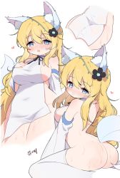 Rule 34 | 1girl, animal ear fluff, animal ears, ass, black flower, blue eyes, blush, breasts, detached sleeves, dress, fang, flower, fox ears, fox girl, fox tail, hair between eyes, hand on own chest, heart, highres, large breasts, long hair, mg pong, multiple views, nose blush, original, parted lips, pelvic curtain, simple background, sleeveless, sleeveless dress, tail, thighhighs, very long hair, wet, white background, white dress, white thighhighs