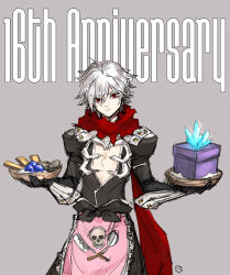 Rule 34 | 1boy, anniversary, apron, armor, assassin cross (ragnarok online), basket, black gloves, black pants, black shirt, box, closed mouth, commentary request, cowboy shot, crystal, elbow gloves, expressionless, eyes visible through hair, frilled apron, frills, gloves, grey background, hair between eyes, hair over one eye, holding, holding basket, kusabi (aighe), long bangs, looking at viewer, male focus, open clothes, open shirt, pants, pauldrons, pink apron, ragnarok online, red eyes, red scarf, scarf, shirt, short hair, shoulder armor, shy (ragnarok online), skull print, solo, vambraces, waist apron, white hair