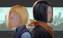 Rule 34 | 1boy, 1girl, android 17, android 18, black hair, blonde hair, blue eyes, brother and sister, character name, closed mouth, commentary, denim, dragon ball, dragonball z, earrings, jewelry, neckerchief, rejean dubois, shirt, short hair, siblings, twins