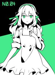 Rule 34 | 1girl, apron, bow, bow hairband, closed mouth, commentary, cosplay, cowboy shot, dress, expressionless, flat color, green background, green eyes, green hairband, green theme, hair bow, hair flaps, hairband, kagerou project, kozakura marry, kozakura marry (cosplay), kusanagi nene, long hair, looking at viewer, numbered, project sekai, puffy short sleeves, puffy sleeves, short sleeves, sidelocks, solo, waka (wk4444), white apron, white dress