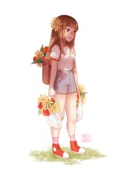 Rule 34 | 1girl, arms at sides, artist logo, artist name, backpack, bag, blush, breasts, brown eyes, brown hair, clenched hands, closed mouth, dappled sunlight, denim, denim shorts, flower, full body, grass, grey shorts, hair flower, hair ornament, high-waist shorts, holding, holding bag, long hair, looking down, looking to the side, nose blush, original, pink socks, red flower, red footwear, shari cote, shirt, shoes, short sleeves, shorts, simple background, small breasts, sneakers, socks, solo, standing, sunflower, sunlight, white background, white shirt, yellow flower
