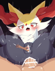 Rule 34 | 1boy, 1girl, anal, animal ear fluff, animal ears, animal nose, anus, bar censor, black background, black fur, blush, body fur, braixen, breath, censored, creatures (company), erection, fang, female ejaculation, female orgasm, fox ears, fox girl, furry, furry female, game freak, gen 6 pokemon, girl on top, hetero, highres, legs up, multicolored fur, neck fur, nintendo, object insertion, open mouth, orgasm, penis, pokemon, pokemon (creature), pussy, pussy juice, red eyes, samimitan, sex, shiny skin, simple background, skin fang, snout, solo focus, spread legs, stick, sweat, tears, testicles, thick thighs, thighs, vaginal, vaginal object insertion, wavy eyes, white fur, yellow fur