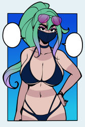 Rule 34 | 1girl, artist request, bikini, blue bikini, breasts, character request, cleavage, green hair, hand on own hip, highres, large breasts, legs, long hair, looking at viewer, navel, ponytail, solo, sunglasses on head, swimsuit, tan, tanline, thighs