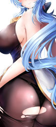 Rule 34 | 1girl, ass, back, backless outfit, bare arms, bell, black leotard, black pantyhose, blue hair, blush, bodystocking, bodysuit, bow, breasts, from side, ganyu (genshin impact), genshin impact, gold trim, head out of frame, highres, horns, large breasts, leotard, leotard under clothes, long hair, low ponytail, neck bell, no gloves, pantyhose, parted lips, pavi, sideboob, sidelocks, sleeveless, smile, solo, standing, thighs, torn clothes, torn pantyhose, white background
