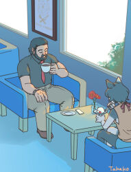 Rule 34 | 1girl, beard, cafeteria, cat girl, closed eyes, contemporary, couch, cup, dungeon meshi, dwarf, eating, facial hair, from above, full body, holding, holding cup, izutsumi, long beard, mustache, necktie, official alternate costume, on couch, pants, senshi (dungeon meshi), sitting, spf50jets, teacup, thick mustache, very long beard