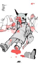 Rule 34 | 052 (saniiiwan), 1boy, amputee, black hair, blood, blood on clothes, blood on face, boots, corpse, full body, gloves, hair over one eye, highres, knife, looking at viewer, male focus, missing limb, original, pants, severed limb, solo focus, white background, white footwear, white gloves, white hair, white pants
